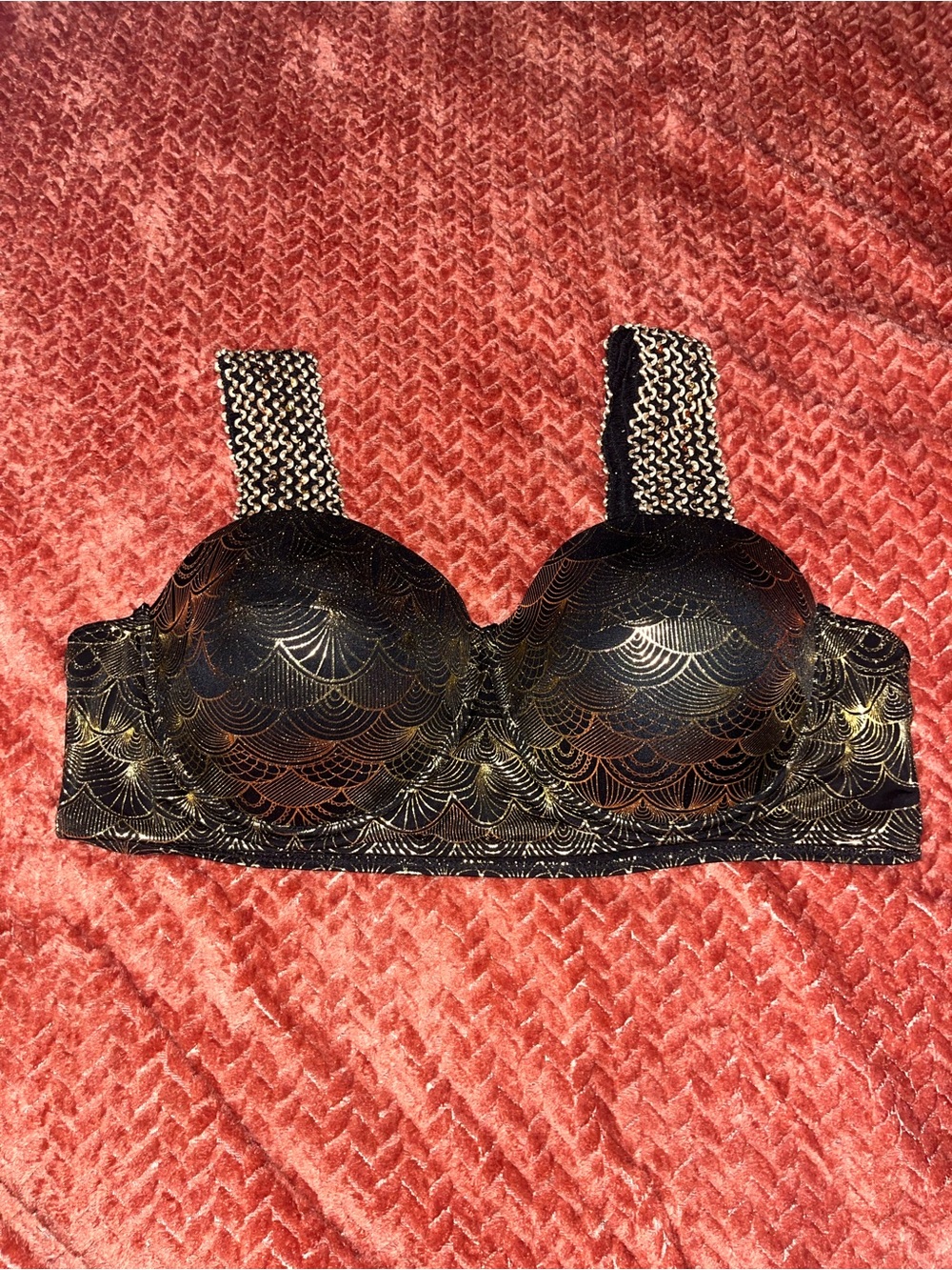 Black & Gold Patterned Longline Crop Top Bra. Size 2X